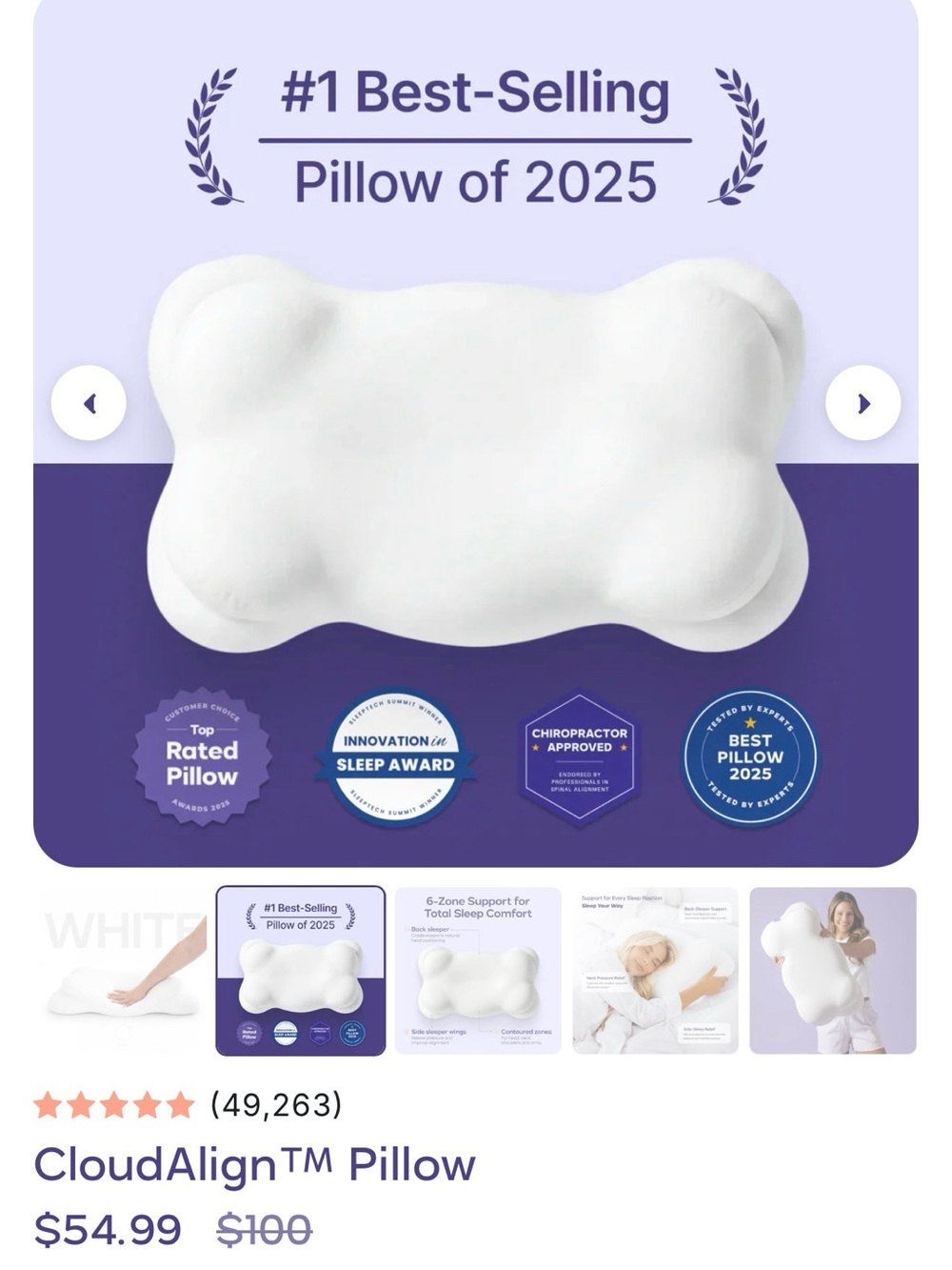 CloudAlign™ White Ergonomic Pillow - Contoured Support